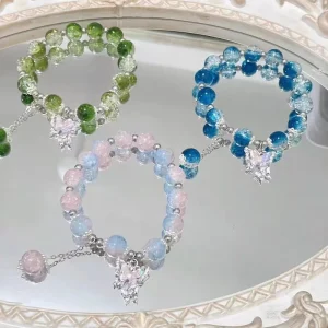 Gradient Color Crystal Rhinestone Beaded Bracelet Silver Butterfly Pendant Women Gift Jewelry