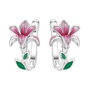 Gradient Pink Lily Zircon Enamel Drop Earrings Green Leaf Floral Design for Women Silver Plated Copper