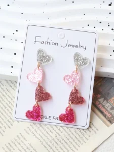 Gradient Pink Silver Glitter Multi Layer Heart Dangle Earrings Sweet Girl Style 4 Layer Acrylic Jewelry Hot Selling for Women