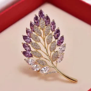 Gradient Purple Crystal Leaf Brooch for Women Gold Plated Rhinestone Branch Pin Fashion Jewelry for Suit Dress Coat Accessories