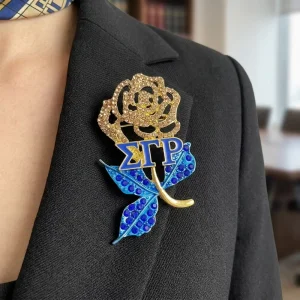 Greek Enamel Letter Sigma Gamma Crystal Rose Flower Brooches Women Wedding Jewelry Pin