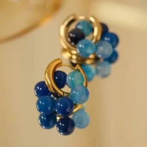 Green Blue Gemstone Crystal Agate Beaded Earring with Stainless Steel Hoop Circle