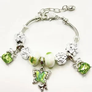 Green Butterfly Square Pendant Beaded Bracelet Floral Charm Strand DIY Fashion Jewelry for Women