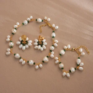 Green Crystal Grape String Thread Bead Necklace Earrings Bracelet Set