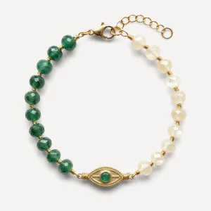 Green Gemstone Spirit Charm 18K Gold Plated Brass Bracelet Energy Wellness Jewelry OEM ODM Low MOQ