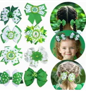 Green Grosgrain Ribbon Clover Bow Hair Clips for Girls St. Patrick’s Day Party Hair Accessories