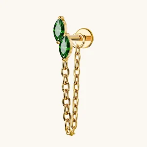 Green Marquise Cut Dangle Earrings V Shape Chevron Labret with Internal Thread for Cartilage Piercing Zircon Body Jewelry