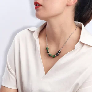 Green Natural Stone Beaded Necklaces for Women Trendy Fashion Silver Plated Brass Jewelry