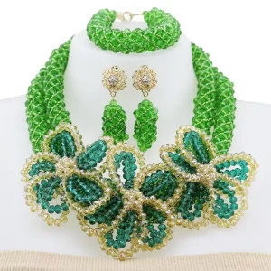 Green and Gold Beaded Jewelry Set Vintage and Unique Jewelry Luxury Beaded Jewelry for Evening Dresses YL131