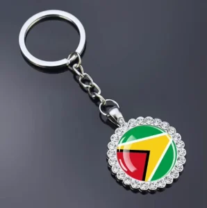 Guyana Flag Keychain with Rhinestone Flower Design Bag Charm Glass Accessory