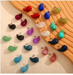 H0083 Trendy Fashion Designer Jewelry Hypoallergenic Colorful Resin 18K Gold Plated Stainless Steel Water Drop Earrings