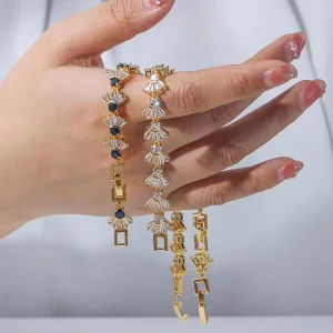 HAOSEN Romantic Jewelry Sparkling White Blue Zircon Fan Fishtail Shape Gemstone Stainless Steel Gold Charm Bracelets
