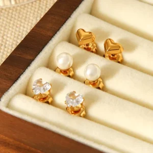 H&C 18K Gold Plated Stainless Steel Earrings Set for Women 3 Pairs Heart Pearl & Zircon Studs Hypoallergenic Minimalist Jewelry