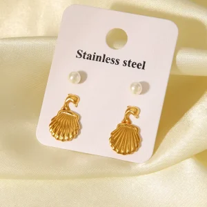 H&C 18K Gold-plated Stainless Steel 3 Pairs Fashionable Stud Earrings Set Lightweight Hypoallergenic Round Pearl Stud for Women