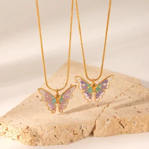 H&C Colorful Enamel Butterfly Pendant Necklace Gold Stainless Steel Snake Chain Necklace Fashion Jewelry for Women