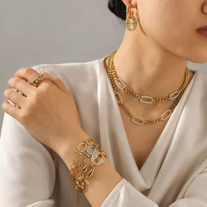 H&C Elegant 18K Gold Plated Stainless Steel Fashion Jewelry Set Micro Pave CZ Cuban Link Chain Bracelet Earring Ring for Women