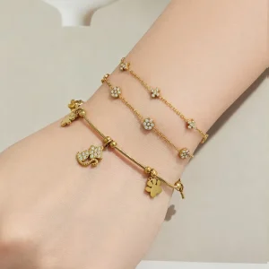 H&C Jewelry 5A Zircon French Romance Fashion Cat Paw Charms 316L Stainless Steel 18k Gold Plated Bracelet for Women Girls Gift