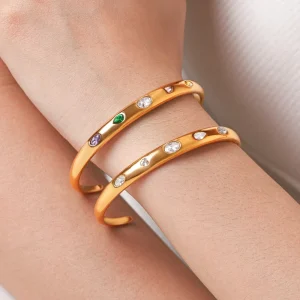H&C Yiwu Jewelry 18K Gold Plated Stainless Steel Colorful White Cubic Zirconia Open Cuff Bangle Bracelet