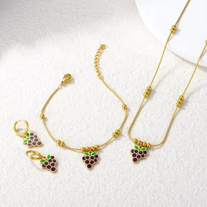 HDX Fashion Gold Plated Crystal Zircon Necklace with Fruit Charm Link Chain Cherry Peach Grape Motif for Women Anniversary