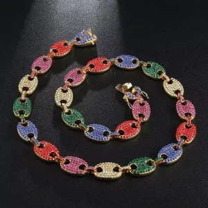 HIP HOP Iced Out CZ Multi-Colors Coffee Bean Pig Nose Alloy Rhinestone Necklace Charm Link Chain Bling Necklaces for Men Jewelry