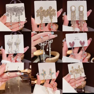 HL Korean Fashion Shiny Zircon Crystal Hoop Earrings Long Tassels Pearl Butterfly Star Flower Party Jewelry for Women