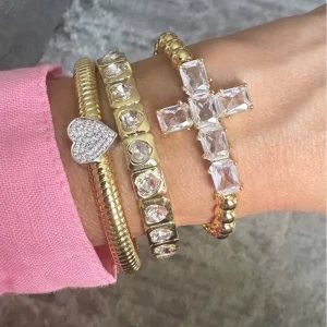 HL Luxury Gold Plated Stretch Bracelets Sparkling Zircon Cross Heart Charm Bangle Elastic Bracelets for Women Jewelry