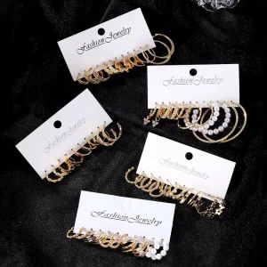 HL Women’s Fashionable Gold Plated Round Geometric Pearl Earring Set Trendy Alloy Hoop Jewelry Kit