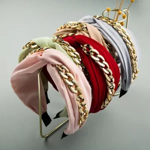 HOVANCI Fashion Lady Crystal Knotted Turban Gold Chain Headband Head Wraps Bands Fabric Hair Band for Hair Accessories Headwear