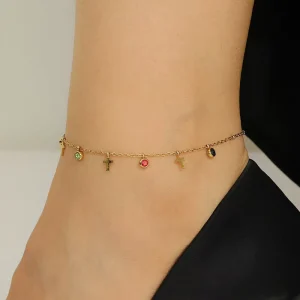HWASAN Women’s Jewelry Anklet Stainless Steel Gold Plated Diamond Brilliant Cut Crown Flower Cross Fashion All Match Non Fading