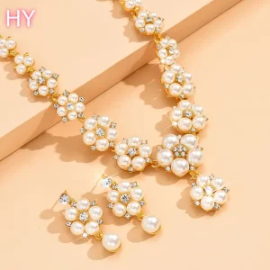 HY Fashion Jewelry Sets Pearl Rhinestone Alloy Collarbone Chain Necklace and Earrings