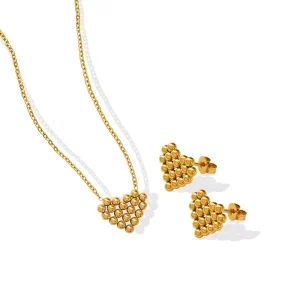 HYH Romantic Stainless Steel Small Beads Pendant Necklace Earrings Set Gold Heart Jewelry Trendy Fashion Link Chain Unisex NGTC