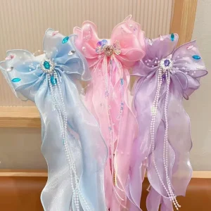 Hair Accessories Korean Fairy Streamer Hair Clips for Girls and Tulle Bow and Diamond Hair Clamp for Kids