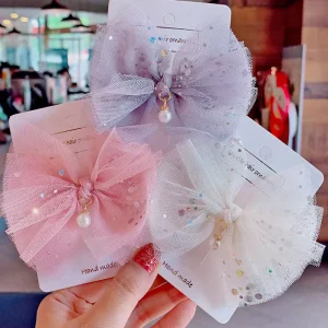 Hair Accessories Pearl Charm Mesh Fabric Dot Pink Colorful Big Bowknot Kids Elegant Hair Pins Clips