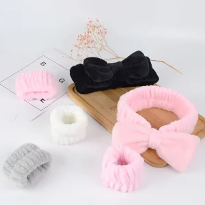 Hair Accessories Solid Color Custom Makeup Bow Bath Headband for Women Cosmetic Facial Spa Wrist Band Sets