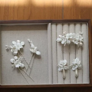 Hair Combs Earrings Hair Pins Set Bridal Wedding White Ceramic Flower Handmade Hair Accessory