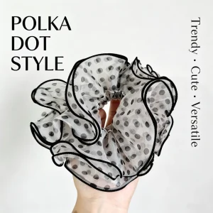 Hair Scrunchie Black Polka Dots and Black Trim