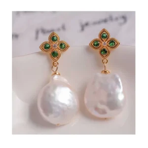 Haiyang Baroque Pearl Jewelry Earrings Pearl Button Big Pearl Earring Women with Green Zircon
