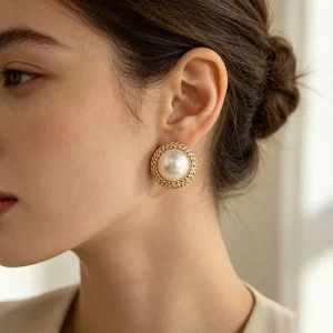 Half Circle Pearl Stud Earrings 18K Gold Plated Stainless Steel Rice Bead Headscarves Style Women’s Trendy