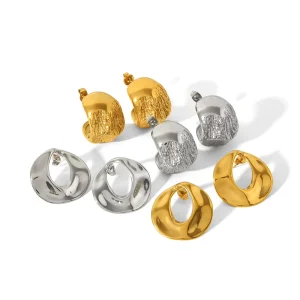 Half Smooth and Textured Stitching Stainless Steel 18K Gold Plated Trendy C Shape Textured Stud Earrings