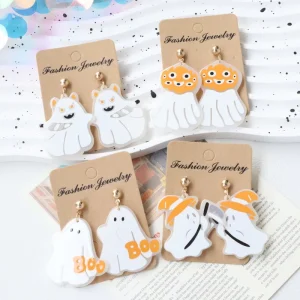 Halloween Acrylic Cute Ghost Earrings Boo Wizard Grim Reaper Cartoon Ghost Ear Holiday Drop Earrings Women’s