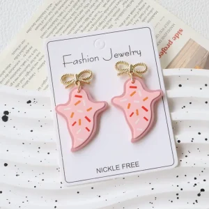 Halloween Acrylic-painted Ghost Cookie Earrings Pink Cute Fun Holiday Ear Accessories Drop Earrings