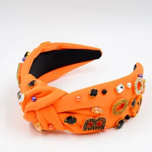 Halloween BOO Letter & Pumpkin Rhinestone Knotted Headbands Orange & Black Hair Hoops Holiday Hair Accessories