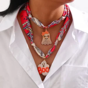 Halloween Beaded Ghost and Spider Necklace Printed Fabric Chain Cosplay Costume Jewelry