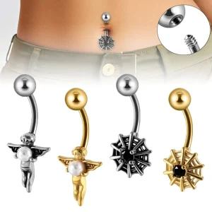Halloween Belly Button Ring 14G Stainless Steel Navel Rings Piercing Jewelry for Women Angel Spider Web Helix Eyebrow Stud