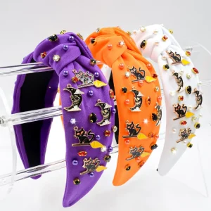 Halloween Black Cat Headband for Women Witch Cat Moon Charms Rhinestone Pearl Embellishments Fabric Material
