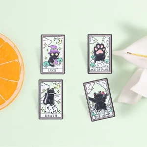 Halloween Black Cat Tarot Card Enamel Pin Gothic Witch Kitty Tarot Brooch For Backpack Decor