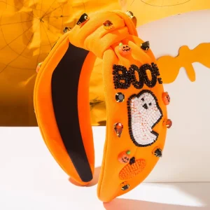 Halloween Boo Ghost Knotted Headband Beaded & Rhinestone Spooky Holiday Women’s Fashion Hair Accessories High Quality 13CM