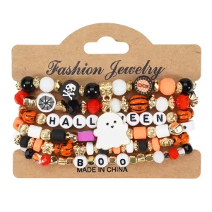 Halloween Bracelets Set of 6 Elastic Polymer Clay Bead Stretch Bracelets Spooky Costume Party Jewelry Gift