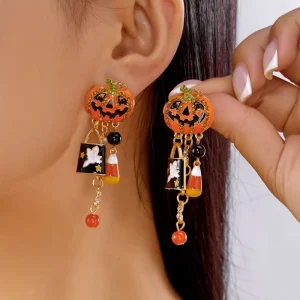 Halloween Cartoon Asymmetric Tassel Drop Earrings Diamond Pearls Pumpkin Design Women’s Funny Party Jewelry Zinc Alloy