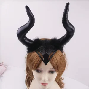 Halloween Demon Evil Queen Glitter Hair Hoop Big Black Long Ox Horn Headband for Movie Cosplay Costume Party Headpiece